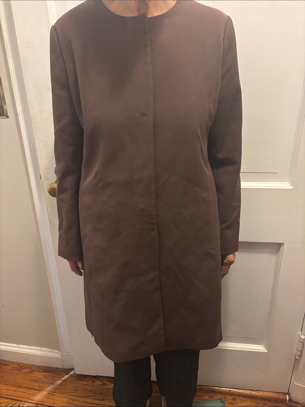 Brown Women's Minimalist Coat- Snap Closure 3/4 Length